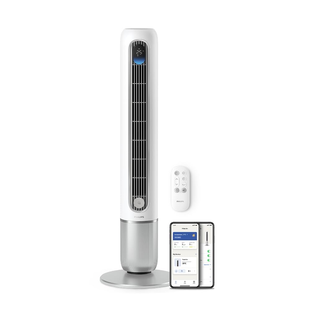 PHILIPS Oszillierender Turmventilator 5000 Serie, 105 cm, Fernbedienung, Timer, 3 Geschwindigkeiten, 3 Modi, 40W, leistungsstarker leiser Luftstrom, geeignet als Aroma-Diffuser, grau (CX5535/11)