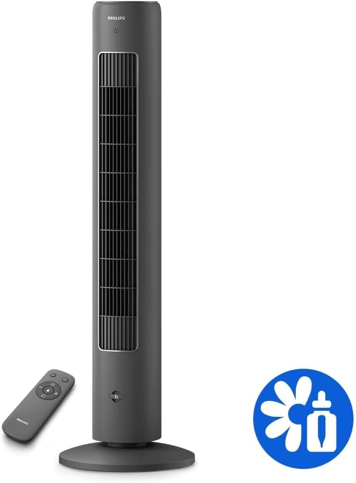 PHILIPS Oszillierender Turmventilator 5000 Serie, 105 cm, Fernbedienung, Timer, 3 Geschwindigkeiten, 3 Modi, 40W, leistungsstarker leiser Luftstrom, geeignet als Aroma-Diffuser, grau (CX5535/11)