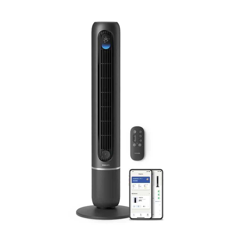 PHILIPS Oszillierender Turmventilator 5000 Serie, 105 cm, Fernbedienung, Timer, 3 Geschwindigkeiten, 3 Modi, 40W, leistungsstarker leiser Luftstrom, geeignet als Aroma-Diffuser, grau (CX5535/11)