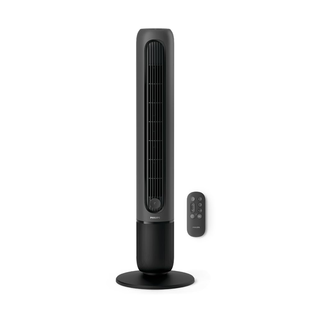 PHILIPS Oszillierender Turmventilator 5000 Serie, 105 cm, Fernbedienung, Timer, 3 Geschwindigkeiten, 3 Modi, 40W, leistungsstarker leiser Luftstrom, geeignet als Aroma-Diffuser, grau (CX5535/11)