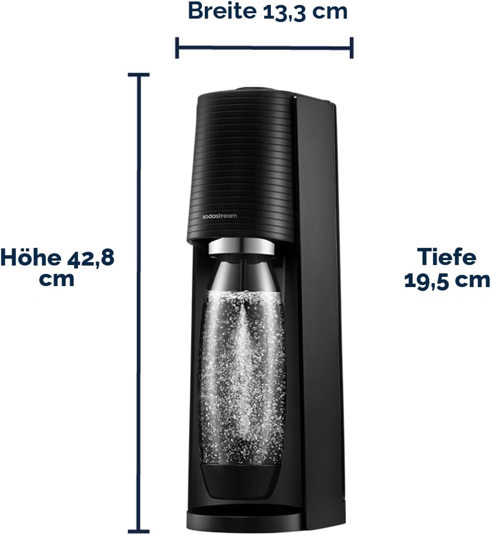 SodaStream TERRA Promopack Water Carbonator with CO2 Cylinder and 3 x 1 L Dishwasher-Safe Plastic Bottles, Height 44 cm, Black