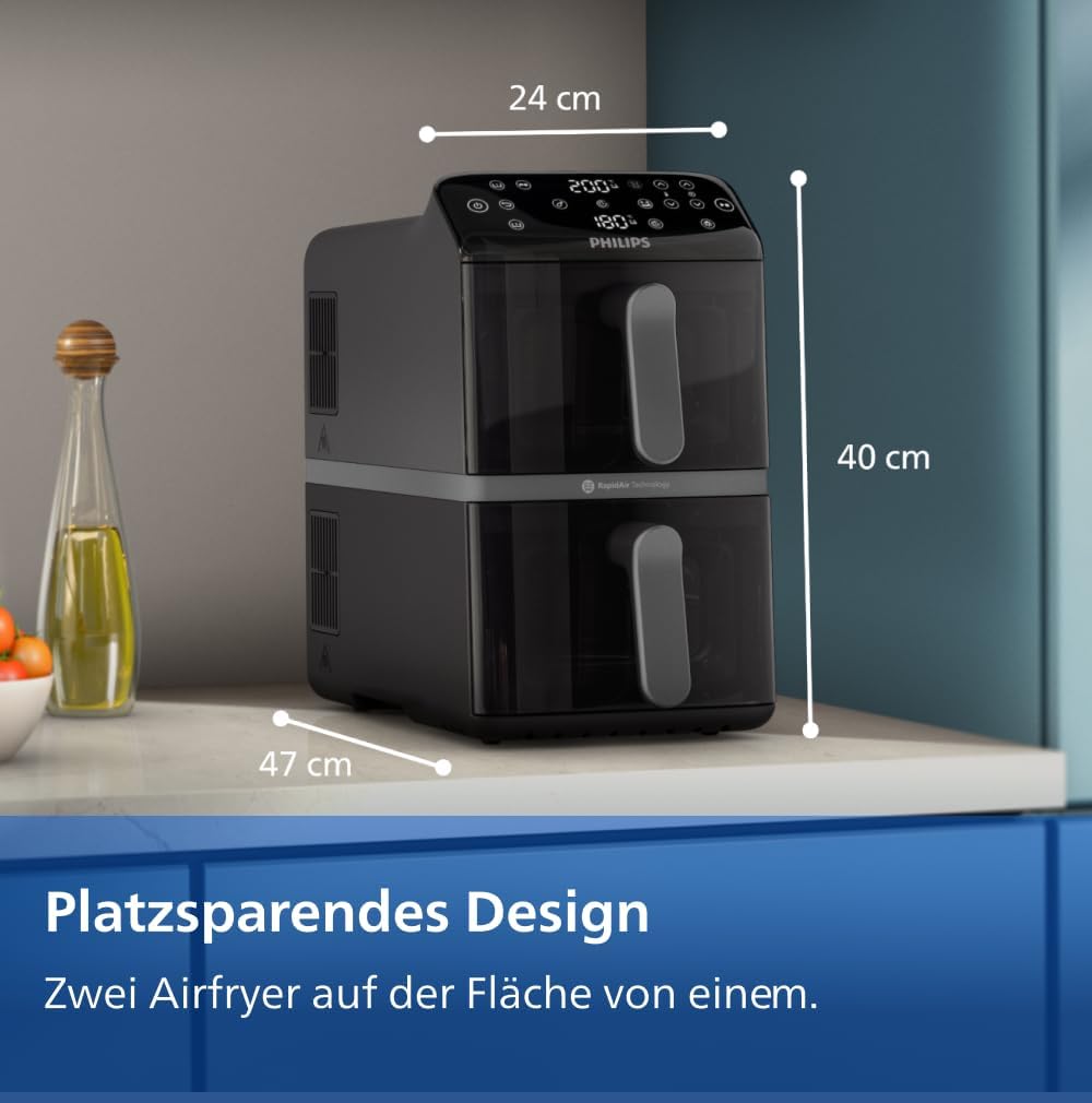 Philips Airfryer 4000 Series Stacked Dual Basket, Stacked Hot Air Fryer, 2 Chambers, 10L, RapidAir Technology, 45% Less Space, PFAS-Free Ceramic Coating, Viewing Window (NA460/00)