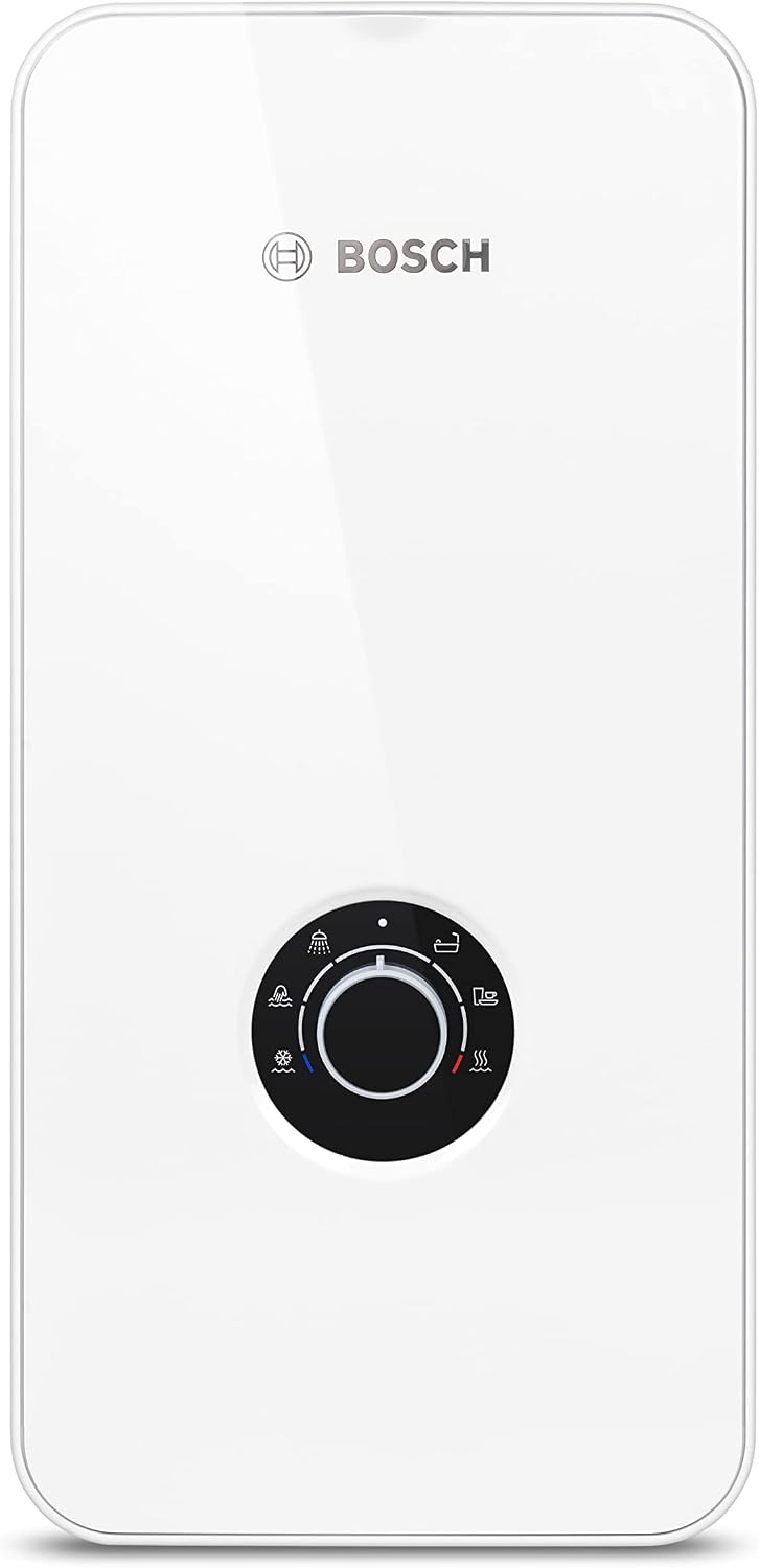 Bosch Tronic 5000 Electronic Instantaneous Water Heater 21/24/27 kW, Switchable, Pressure-Resistant, Continuous Temperature Selection, 400 V, Modern Glass Look, White