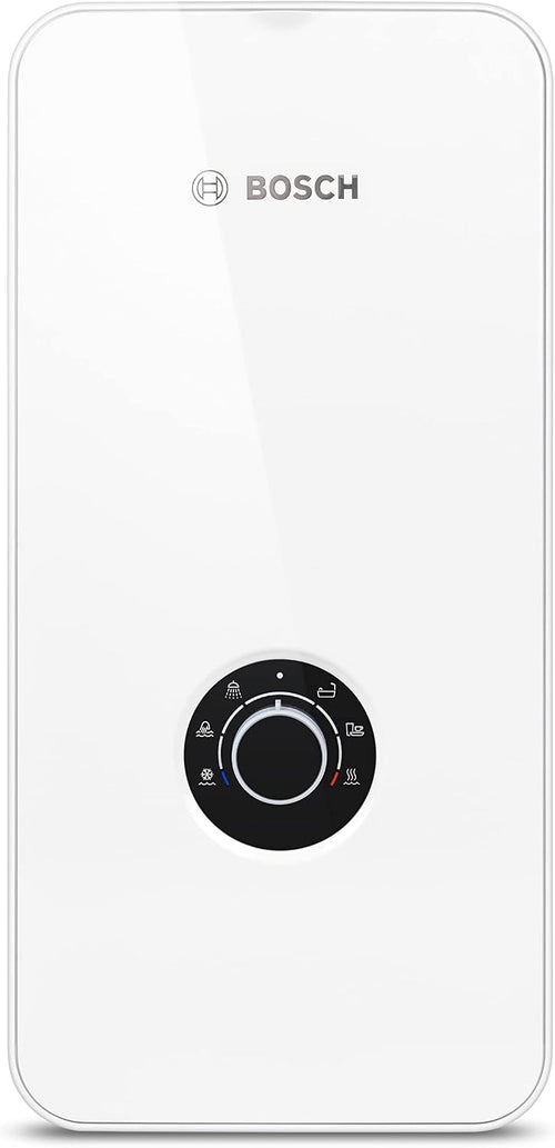Bosch Tronic 5000 Electronic Instantaneous Water Heater 21/24/27 kW, Switchable, Pressure-Resistant, Continuous Temperature Selection, 400 V, Modern Glass Look, White