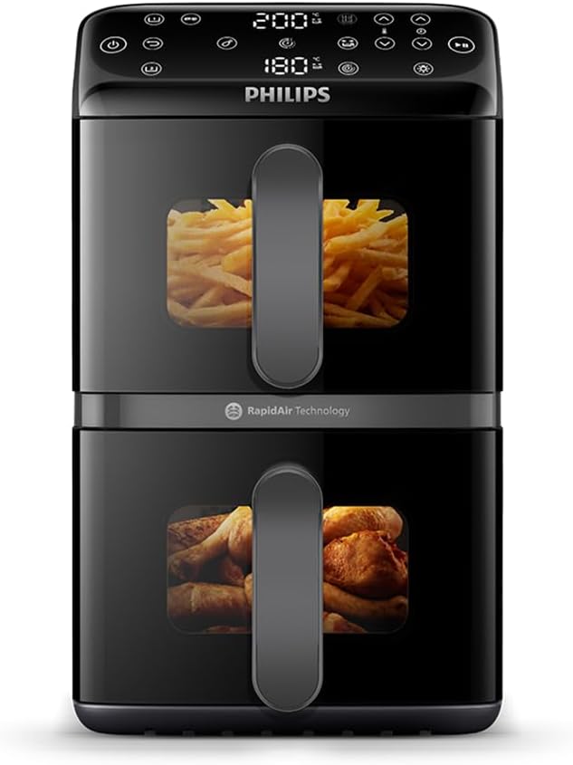 Philips Airfryer 4000 Series Stacked Dual Basket, Stacked Hot Air Fryer, 2 Chambers, 10L, RapidAir Technology, 45% Less Space, PFAS-Free Ceramic Coating, Viewing Window (NA460/00)