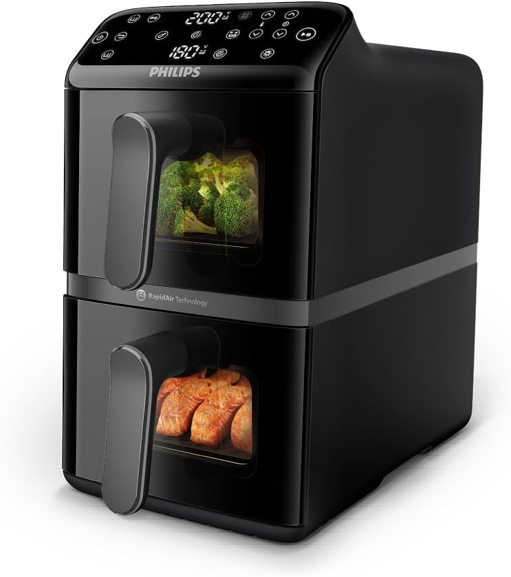 Philips Airfryer 4000 Series Stacked Dual Basket, Stacked Hot Air Fryer, 2 Chambers, 10L, RapidAir Technology, 45% Less Space, PFAS-Free Ceramic Coating, Viewing Window (NA460/00)