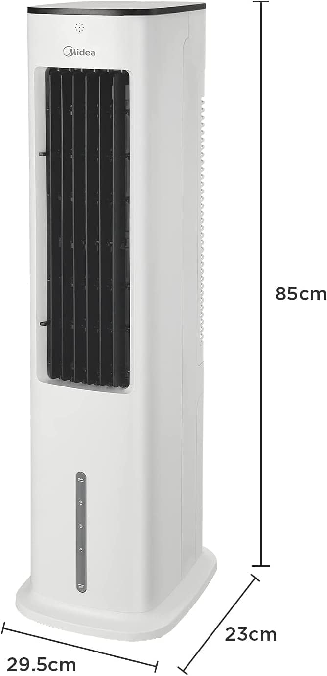 Midea Silent Air Cooler Pro 4-in-1 Mobile Air Conditioning Quiet: Air Cooler, Tower Fan, Humidifier and Air Purifier, with Remote Control, 5 L Water Tank, 355 m³/h Air Flow, 55 W, LED Display, Timer, White