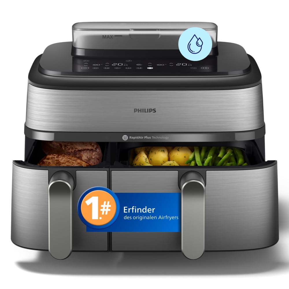 Philips Steam Airfryer 5000 Series Dual Basket Hot Air Fryer with Steamer Function & 2 Baskets - Steam, Airfry, SteamFry, 9L (3L+6L), RapidAir Plus, Automatic Steam Cleaning (NA550/00)