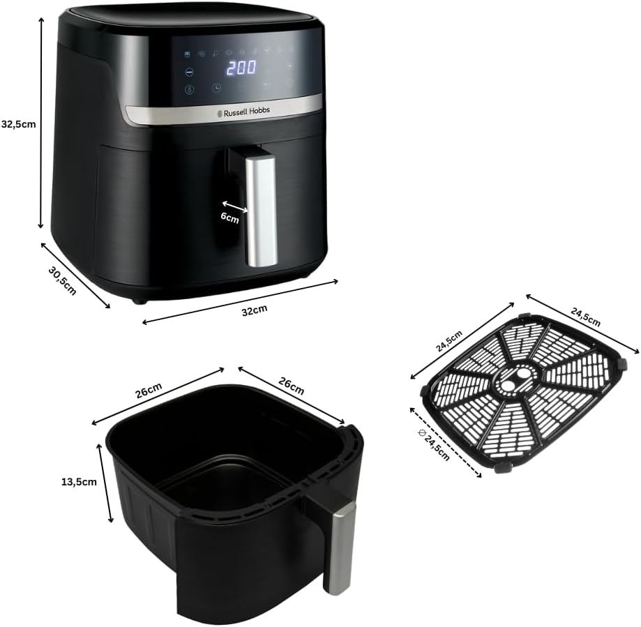 Russell Hobbs SatisFry 27632-56 Hot Air Fryer XXL 8.3 L Compact Housing, Very Quiet, Pizza Diameter 26 cm (9 Programmes, Dishwasher Safe, Fryer without Oil, TouchScreen, Grilling, Baking)