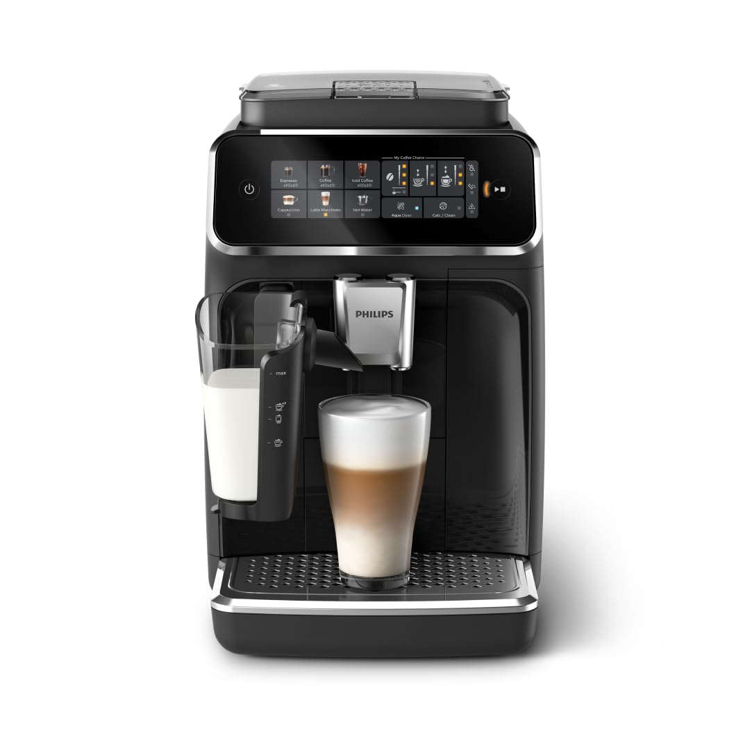 Philips 3300 Series Fully Automatic Coffee Machine - 6 Drinks, Modern Colour Touch Screen Display, LatteGo Milk System, SilentBrew, 100% Ceramic Grinder, AquaClean Filter, Black Chrome (EP3347/90)