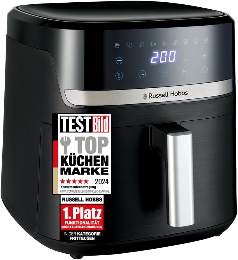 Russell Hobbs SatisFry 27632-56 Hot Air Fryer XXL 8.3 L Compact Housing, Very Quiet, Pizza Diameter 26 cm (9 Programmes, Dishwasher Safe, Fryer without Oil, TouchScreen, Grilling, Baking)