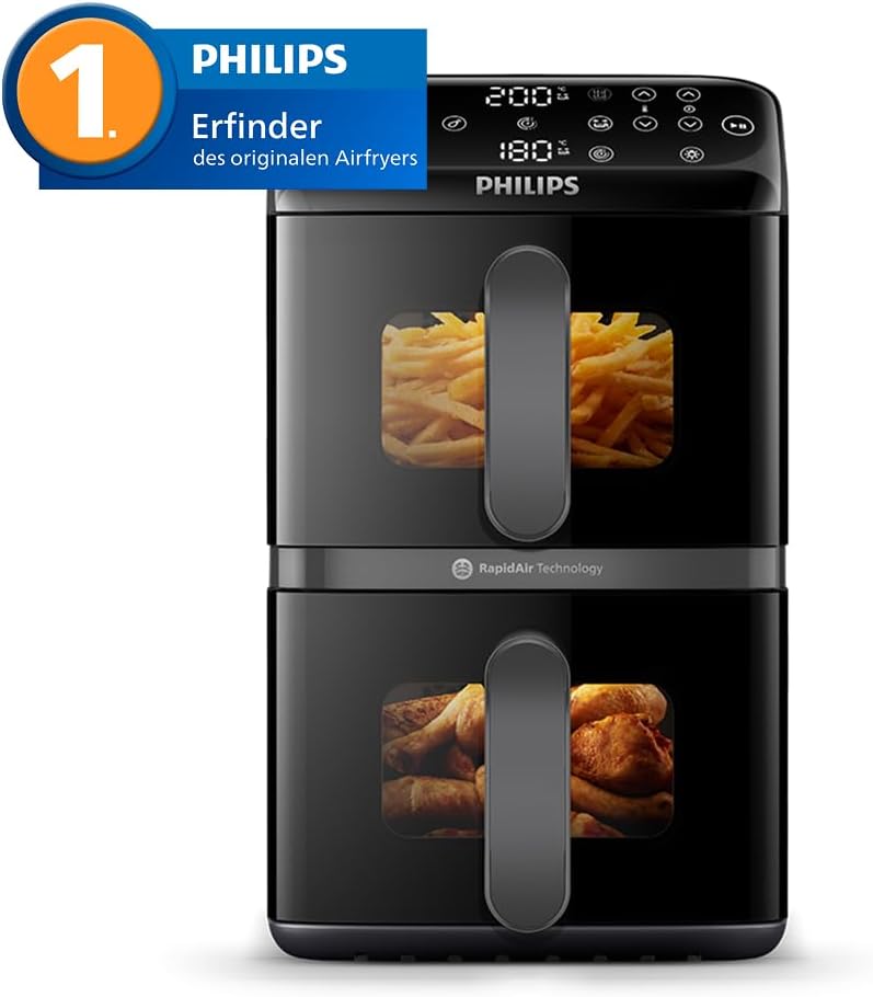 Philips Airfryer 4000 Series Stacked Dual Basket, Stacked Hot Air Fryer, 2 Chambers, 10L, RapidAir Technology, 45% Less Space, PFAS-Free Ceramic Coating, Viewing Window (NA460/00)