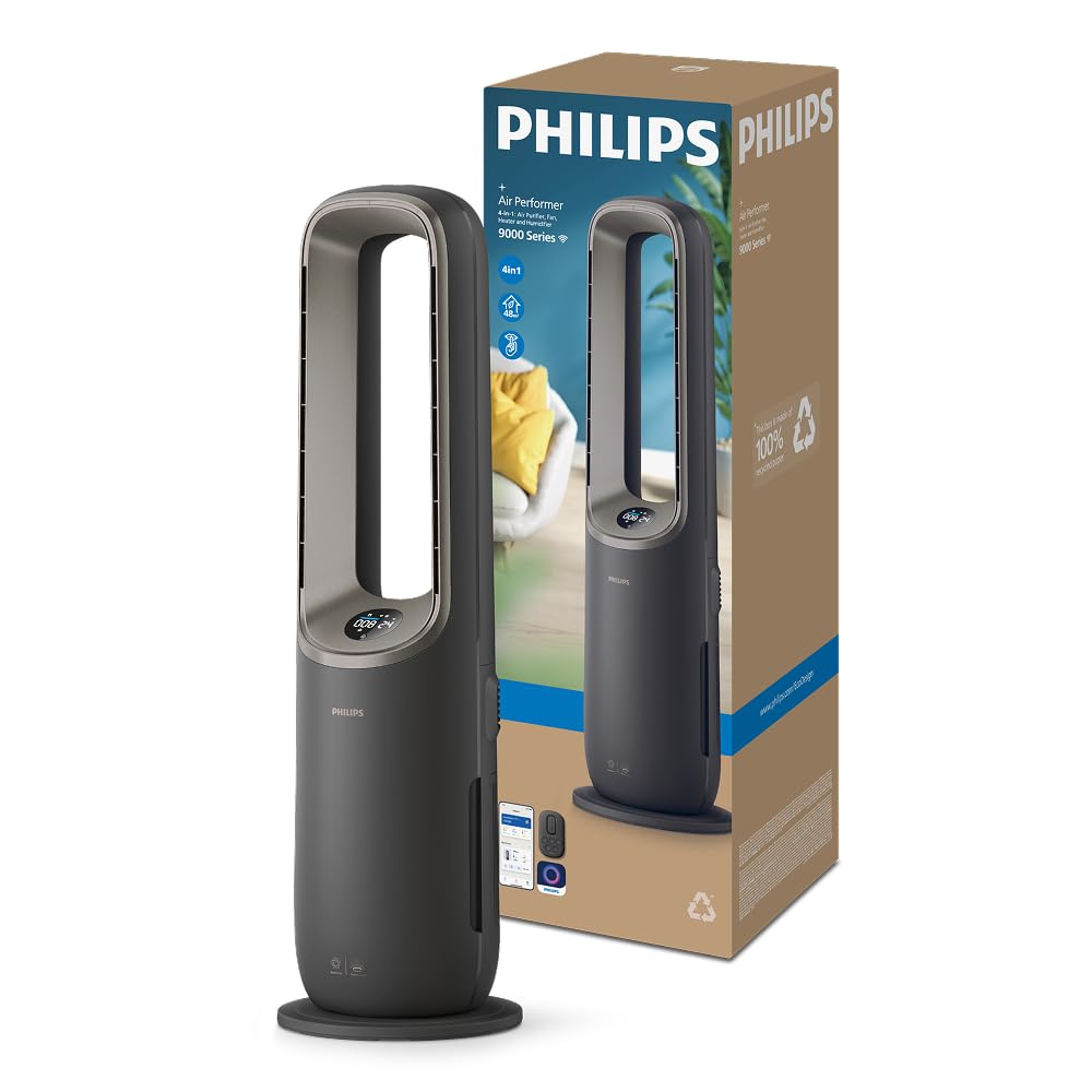 PHILIPS Air Performer 2-in-1: Luftreiniger und Kühlgebläse - Reinigt 70 m², Entfernt 99,97% der Allergene und Schadstoffe. HEPA-Filter, Intelligente Sensoren, Alexa, App. (AMF765/10)