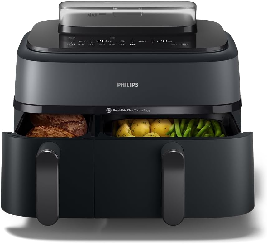 Philips Steam Airfryer 5000 Series Dual Basket Hot Air Fryer with Steamer Function & 2 Baskets - Steam, Airfry, SteamFry, 9L (3L+6L), RapidAir Plus, Automatic Steam Cleaning (NA550/00)