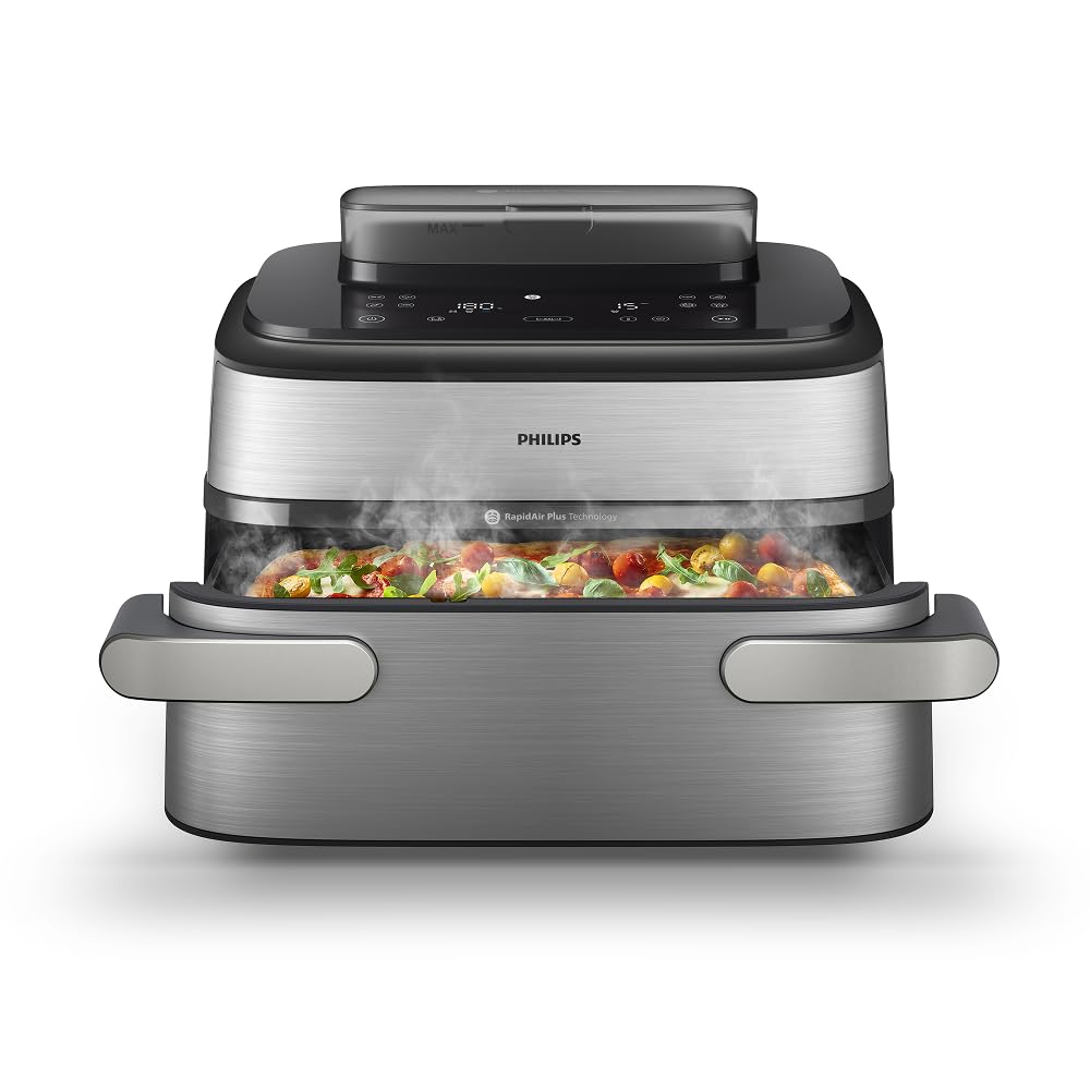Philips Steam Airfryer 5000 Series Dual Basket Hot Air Fryer with Steamer Function & 2 Baskets - Steam, Airfry, SteamFry, 9L (3L+6L), RapidAir Plus, Automatic Steam Cleaning (NA550/00)