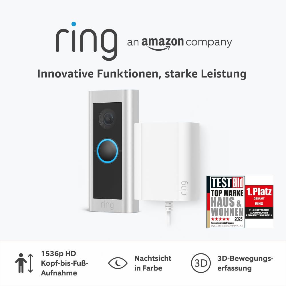 Ring Videotürklingel Pro Kabel (bisher: Video Doorbell Pro 2) von Amazon | Klingel mit Kamera, 1536p-HD-Video, Kopf-bis-Fuß-Aufnahme, 3D-Bewegungserfassung, WLAN, festverdrahtet