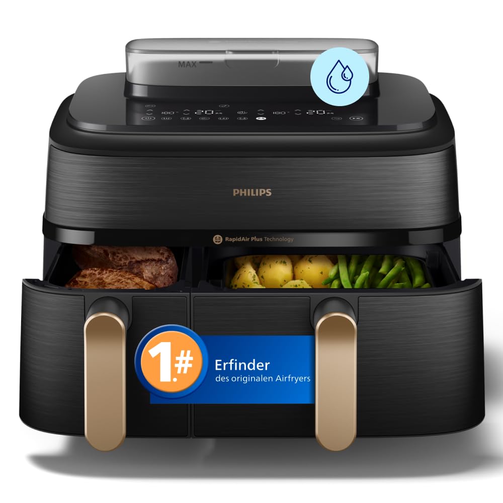 Philips Steam Airfryer 5000 Series Dual Basket Hot Air Fryer with Steamer Function & 2 Baskets - Steam, Airfry, SteamFry, 9L (3L+6L), RapidAir Plus, Automatic Steam Cleaning (NA550/00)