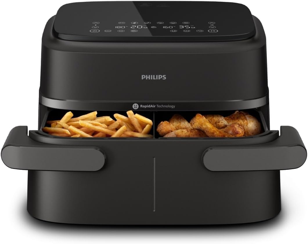 Philips Steam Airfryer 5000 Series Dual Basket Hot Air Fryer with Steamer Function & 2 Baskets - Steam, Airfry, SteamFry, 9L (3L+6L), RapidAir Plus, Automatic Steam Cleaning (NA550/00)