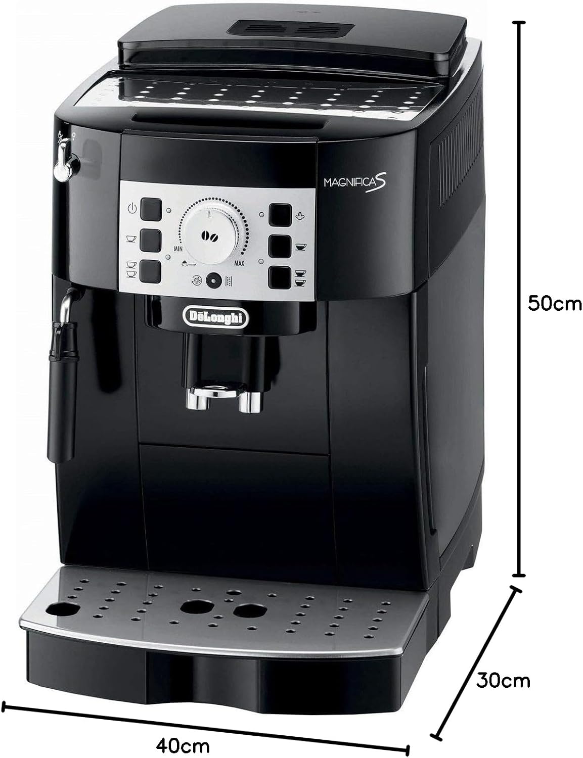 De'Longhi Magnifica S ECAM 22.110.B fully automatic coffee machine with milk frother for cappuccino, with espresso direct selection buttons and rotary control, 2-cup function, 1.8 liter water tank, black / silver