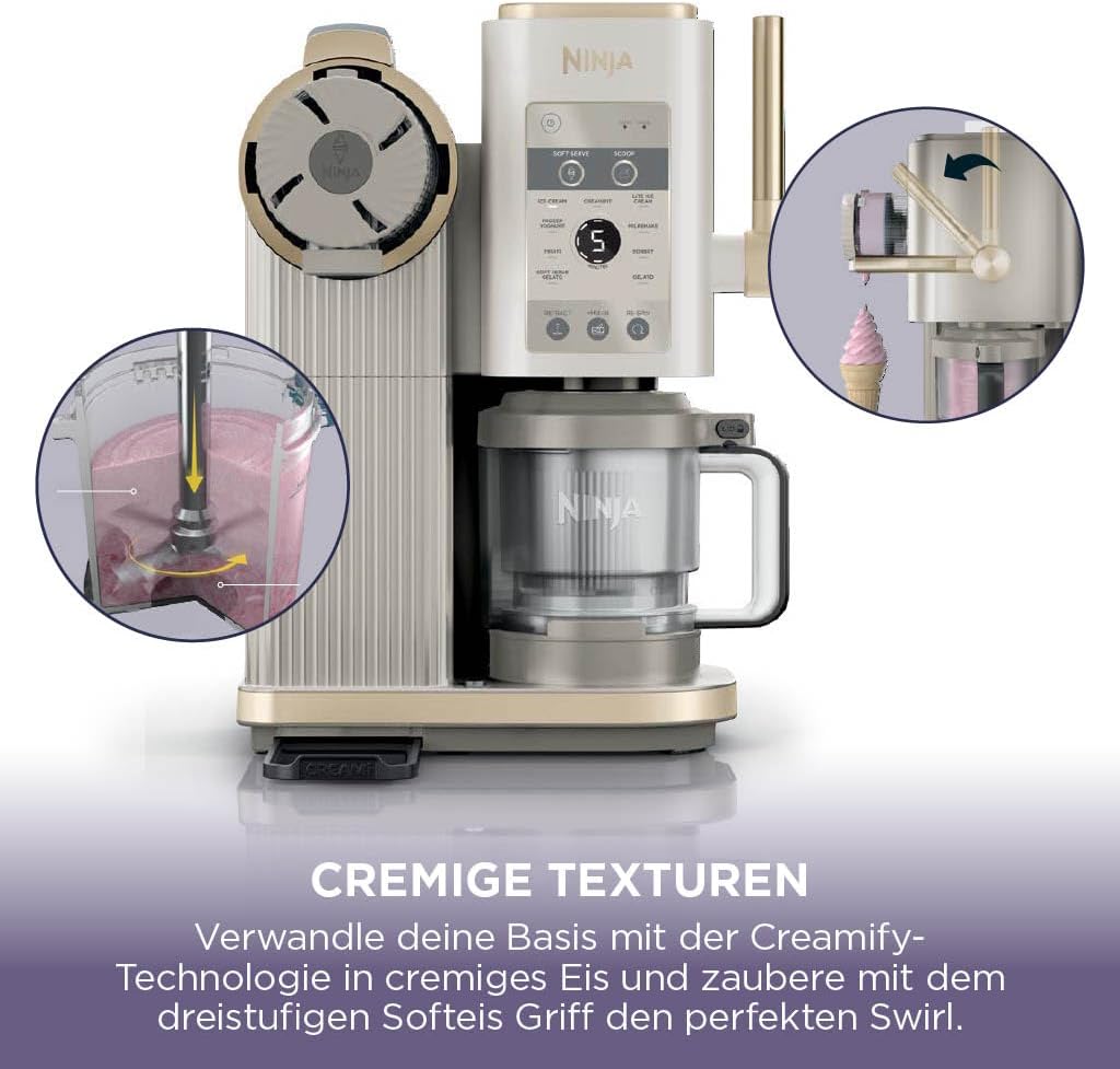 Ninja CREAMi Scoop & Swirl Eismaschine mit 2 Behältern, 13 Funktionen, für Eiscreme, Softeis, Gelato, Sorbet, Milchshakes und mehr, mit Mix-In-Funktion, Stone Gold NC701EUSTGD