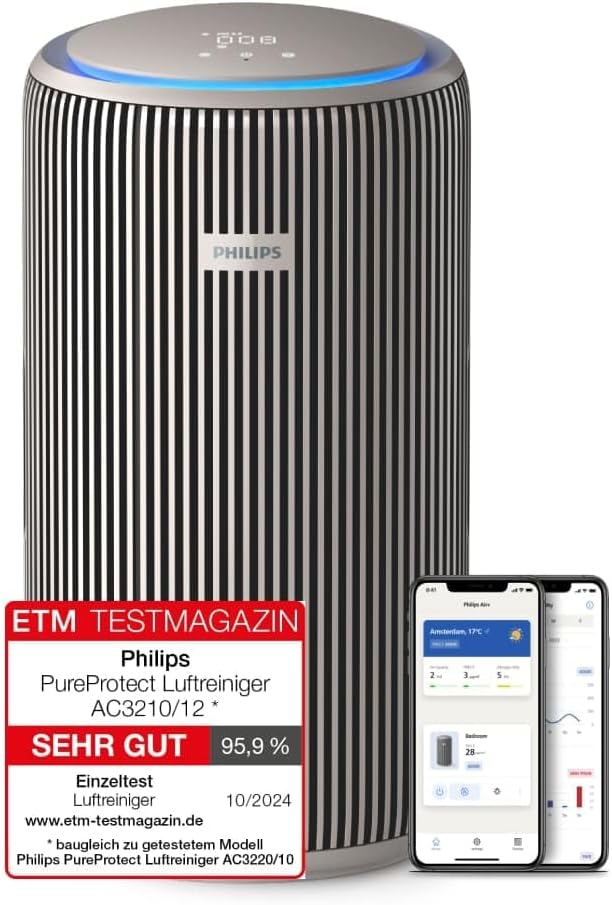 Philips PureProtect 3200 Series: Intelligent Air Purifier, HEPA and Activated Carbon Filter, CADR 500 m³/h for 130 m², Ultra Quiet and Energy Efficient, Captures 99.97% Allergens (AC3210/12)