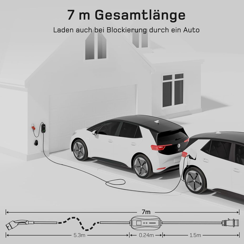 dé Mobile Wallbox/Charging Station 11 kW [3-Phase | 7 m | 6-16 A] with Adjustable Charging Power, Charging Cable CEE 16A to Type 2 and EV Charger for Model Y/3, ID.3/4/5, MG4, EX30, e-up, e-tron, Zoe and Other EV