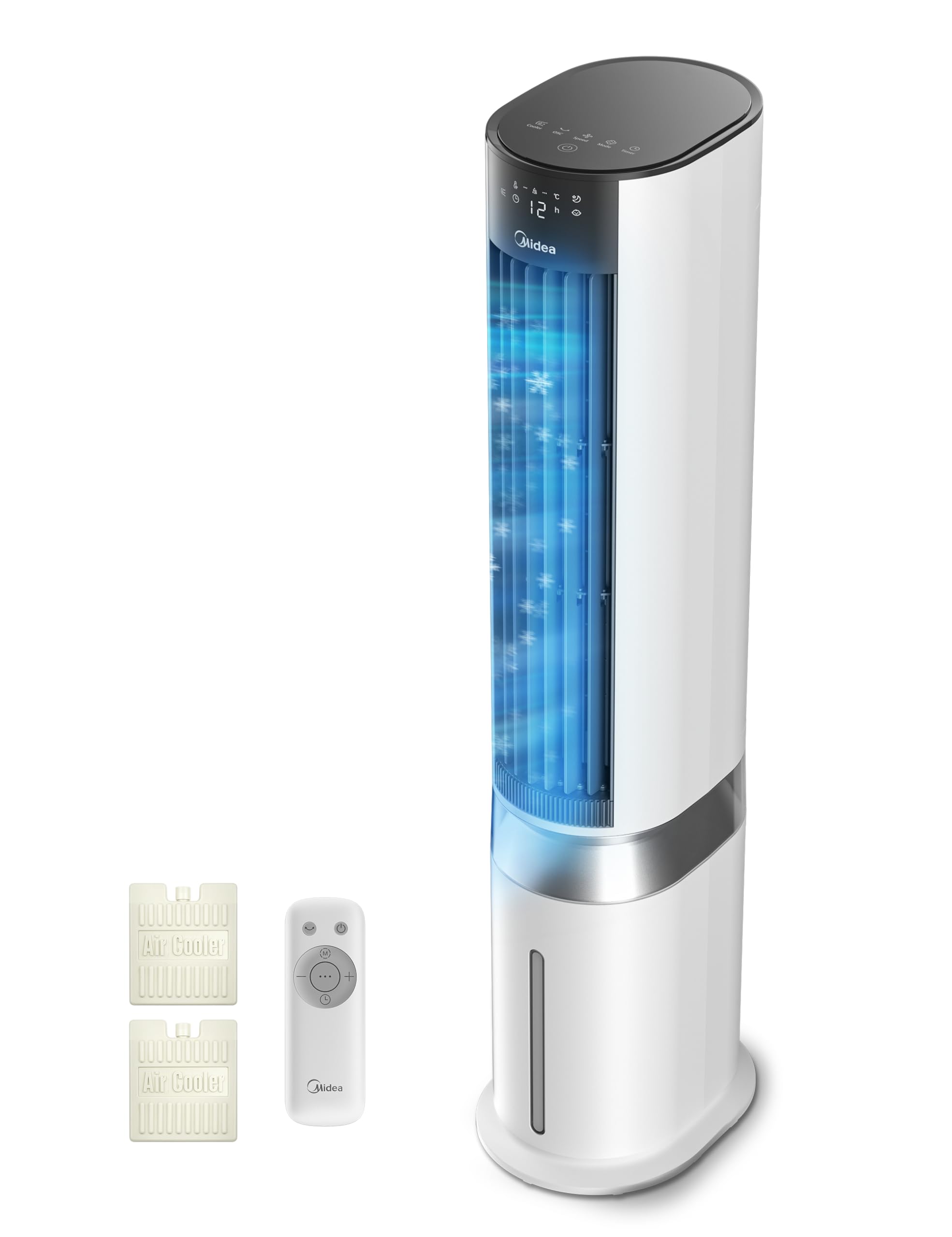 Midea Silent Air Cooler Pro 4-in-1 Mobile Air Conditioning Quiet: Air Cooler, Tower Fan, Humidifier and Air Purifier, with Remote Control, 5 L Water Tank, 355 m³/h Air Flow, 55 W, LED Display, Timer, White