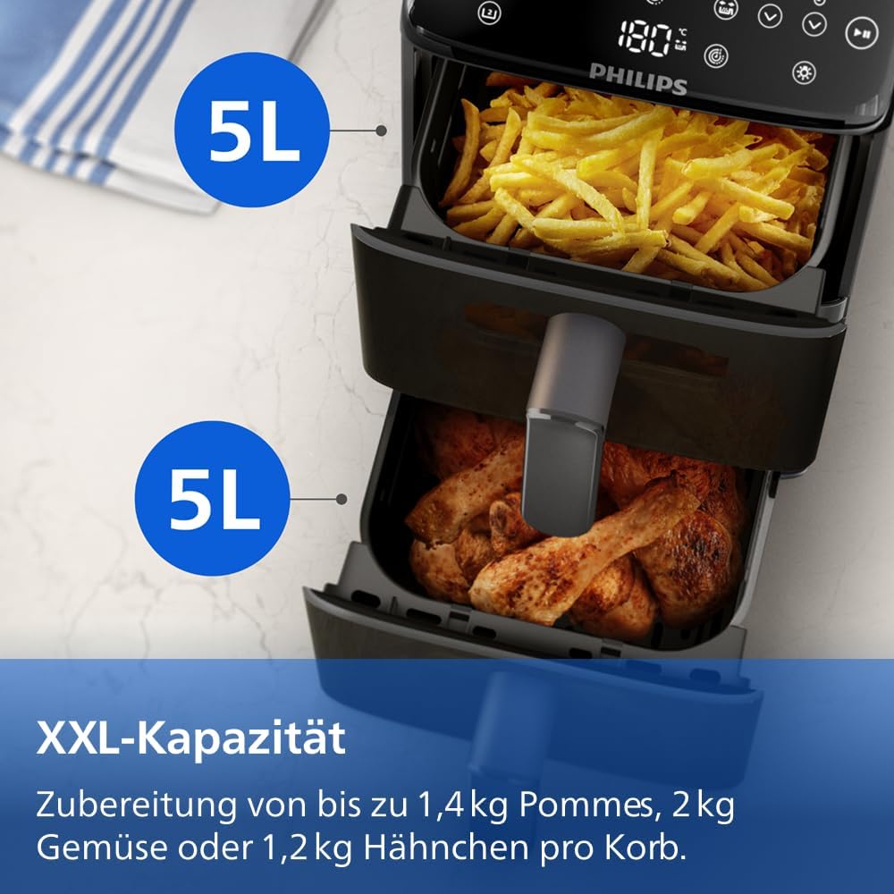 Philips Airfryer 4000 Series Stacked Dual Basket, Stacked Hot Air Fryer, 2 Chambers, 10L, RapidAir Technology, 45% Less Space, PFAS-Free Ceramic Coating, Viewing Window (NA460/00)