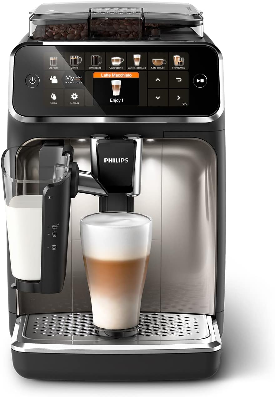 PHILIPS LatteGo Series 5400 Fully Automatic Coffee Machine, 12 Drinks, Milk Frother, Touch Screen, 4 Profiles, Chrome Finish (EP5447/90)