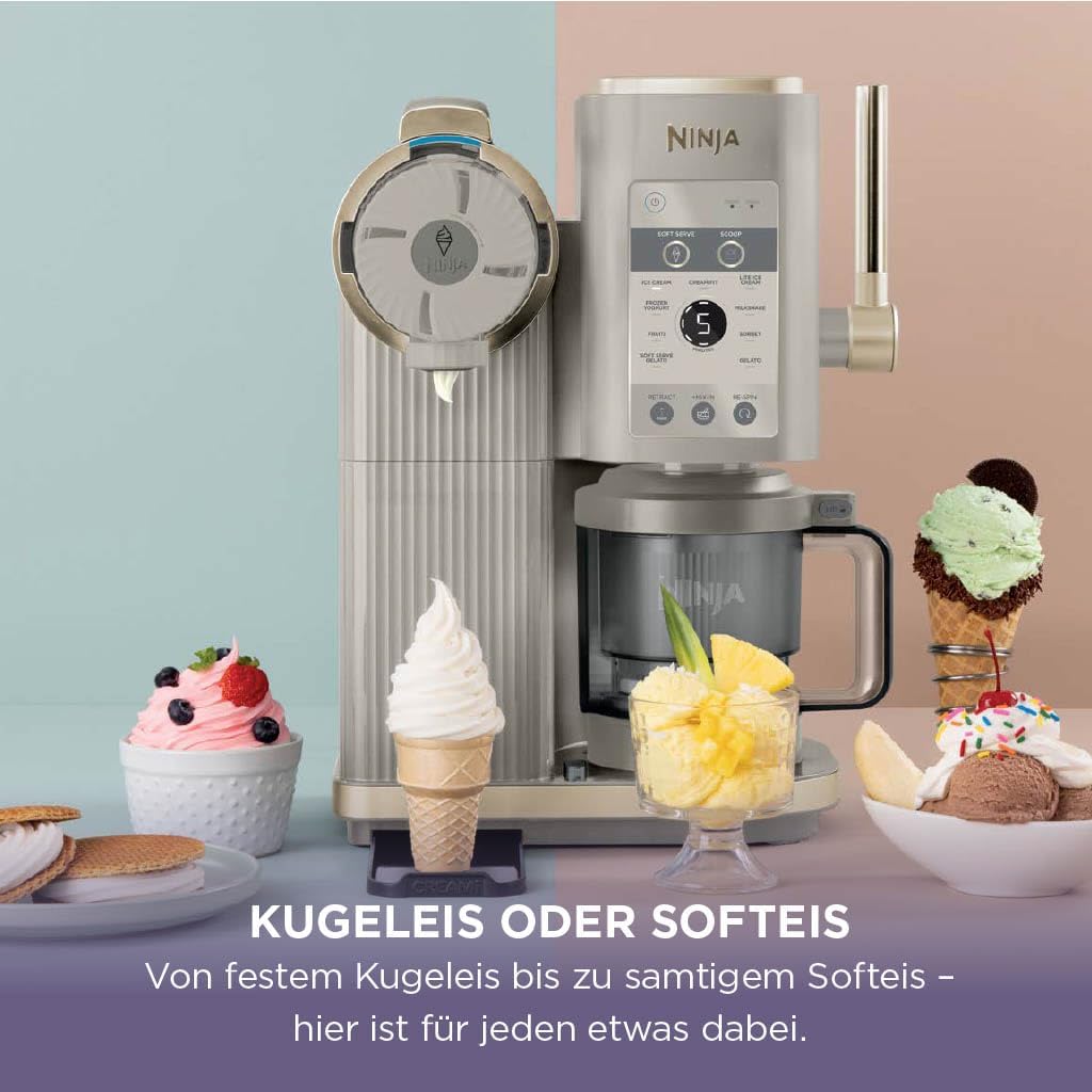 Ninja CREAMi Scoop & Swirl Eismaschine mit 2 Behältern, 13 Funktionen, für Eiscreme, Softeis, Gelato, Sorbet, Milchshakes und mehr, mit Mix-In-Funktion, Stone Gold NC701EUSTGD
