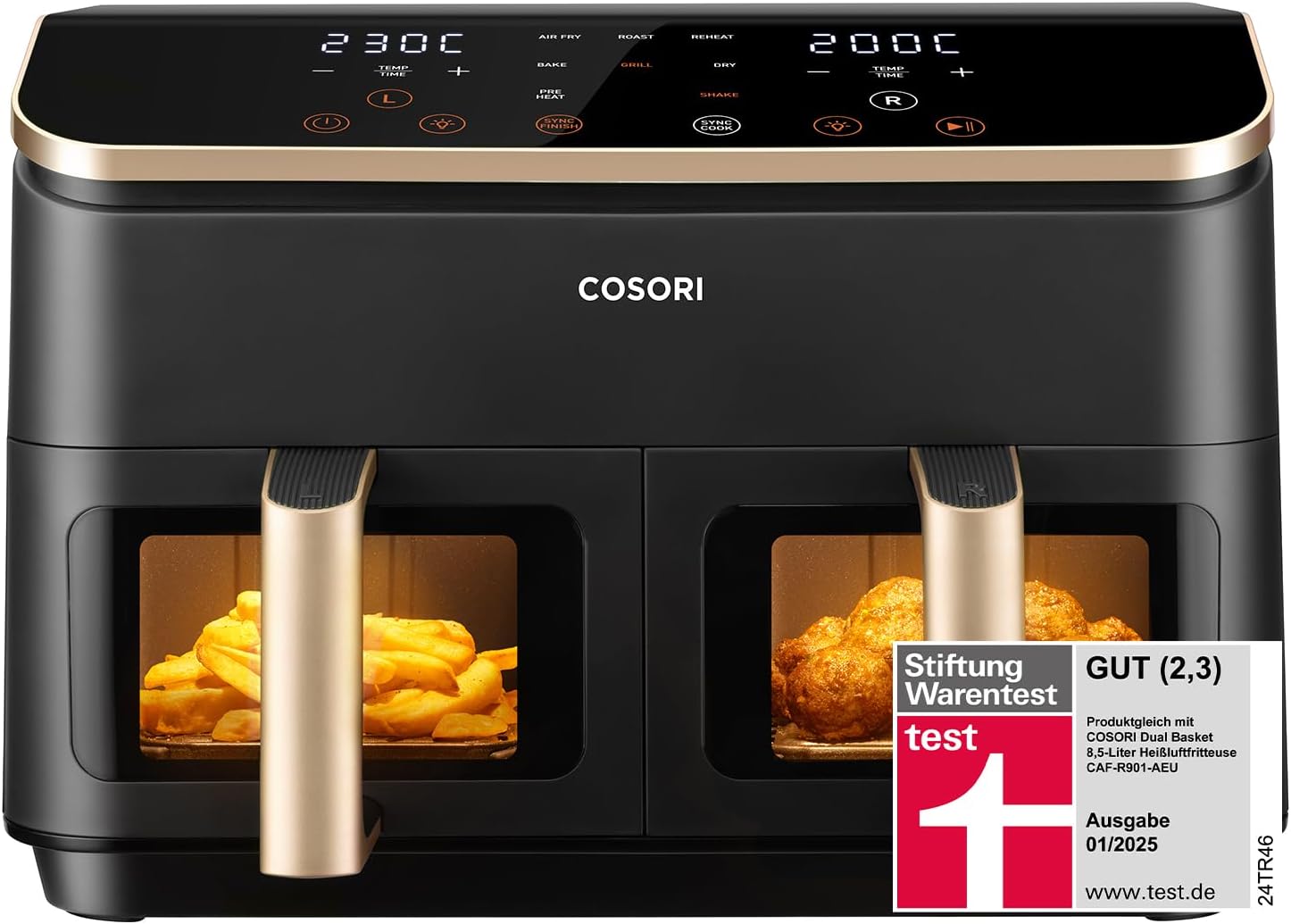 COSORI Hot Air Fryer, 2 Compartments, 6-in-1, Dual Zone, XXL, 8.5 L, Two Chambers, with Viewing Window, for Full Meals, 50 Recipes, Energy-Saving