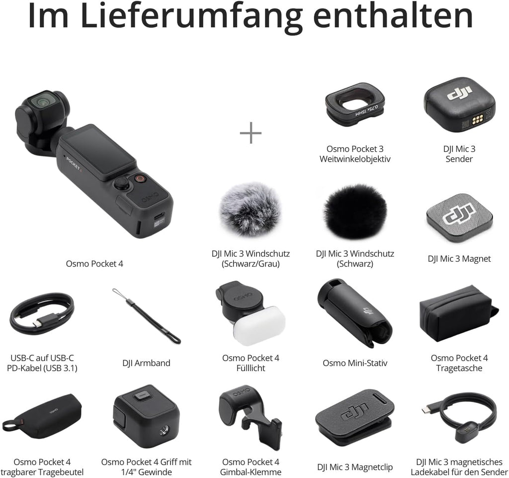 DJI Osmo Pocket 4 Creative Combo, Pocket Gimbal Vlog Camera, 1 Inch CMOS and 4K/240fps, 3-Axis Stabilization, 2 x Lossless Zoom, 107 GB Integrated Memory, Mic 3 Transmitter, Fill Light