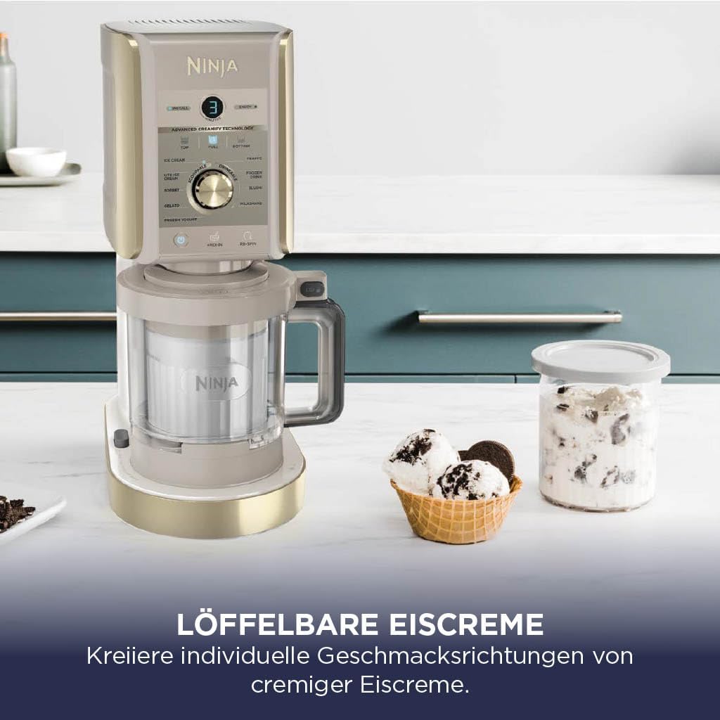 Ninja CREAMi Deluxe Eismaschine mit 2 Behältern, 10 Funktionen, Dessert & Ice Cream Maker für Eiscreme, Sorbet, Frozen Joghurt, Milchshakes, Slushi, 2-in-1 Geschmacksoption, Stone Gold, NC502EUSTGD