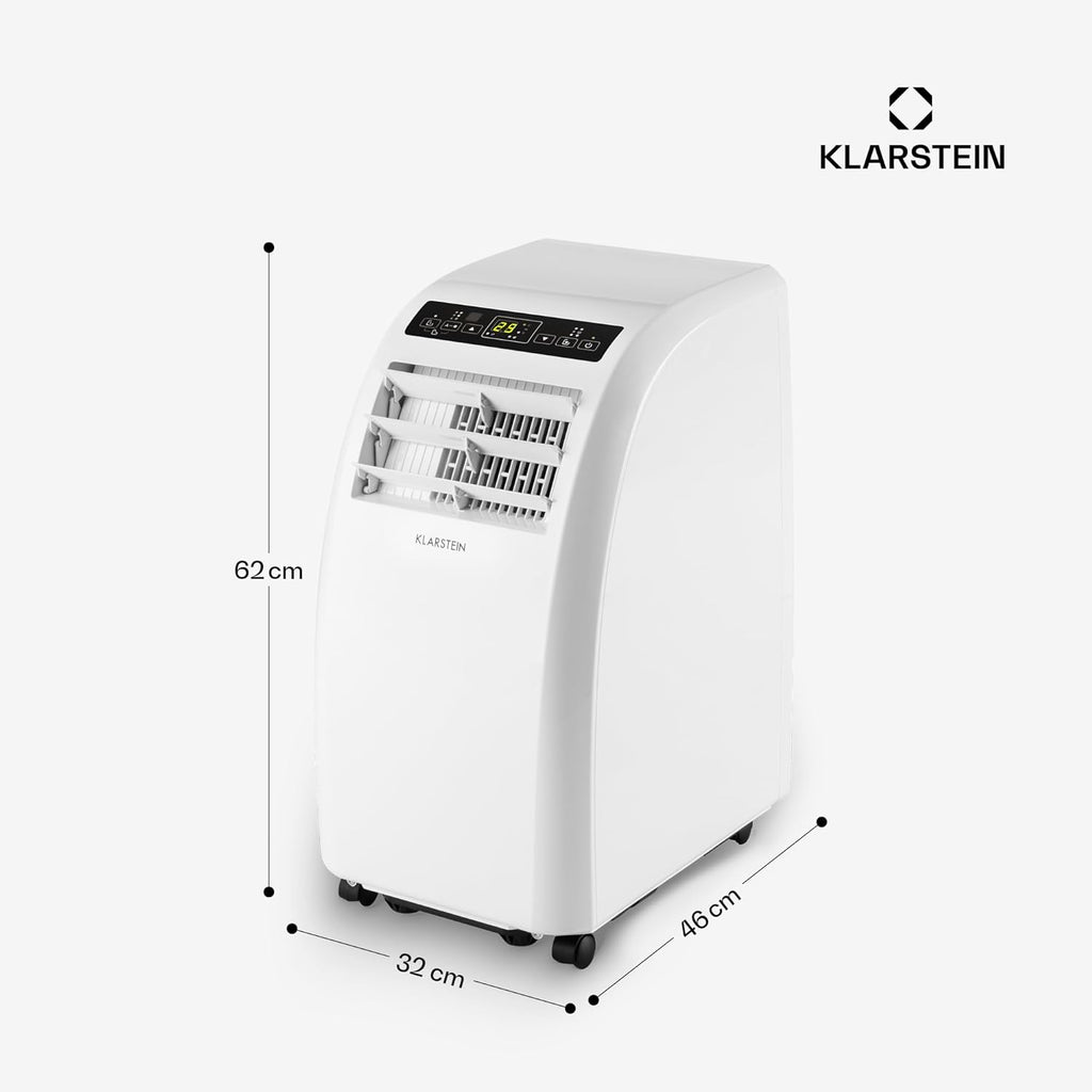 Klarstein Mobile Klimaanlage mit Abluftschlauch, 4-in-1 Klimagerät mit Ventilator, Luftentfeuchter & Nachtmodus, Kleine & Portable Klimaanlage für Wohnung & Büro, Niedriger Verbrauch, 10000 BTU