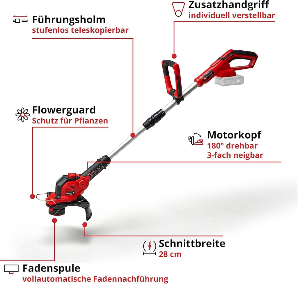 Einhell GE-CT 18/28 Li-Solo Power X-Change Cordless Grass Trimmer (18 V, 28 cm Cutting Width Thread, Rotatable and Tilting Motor Head, without Battery and Charger), Red/Black