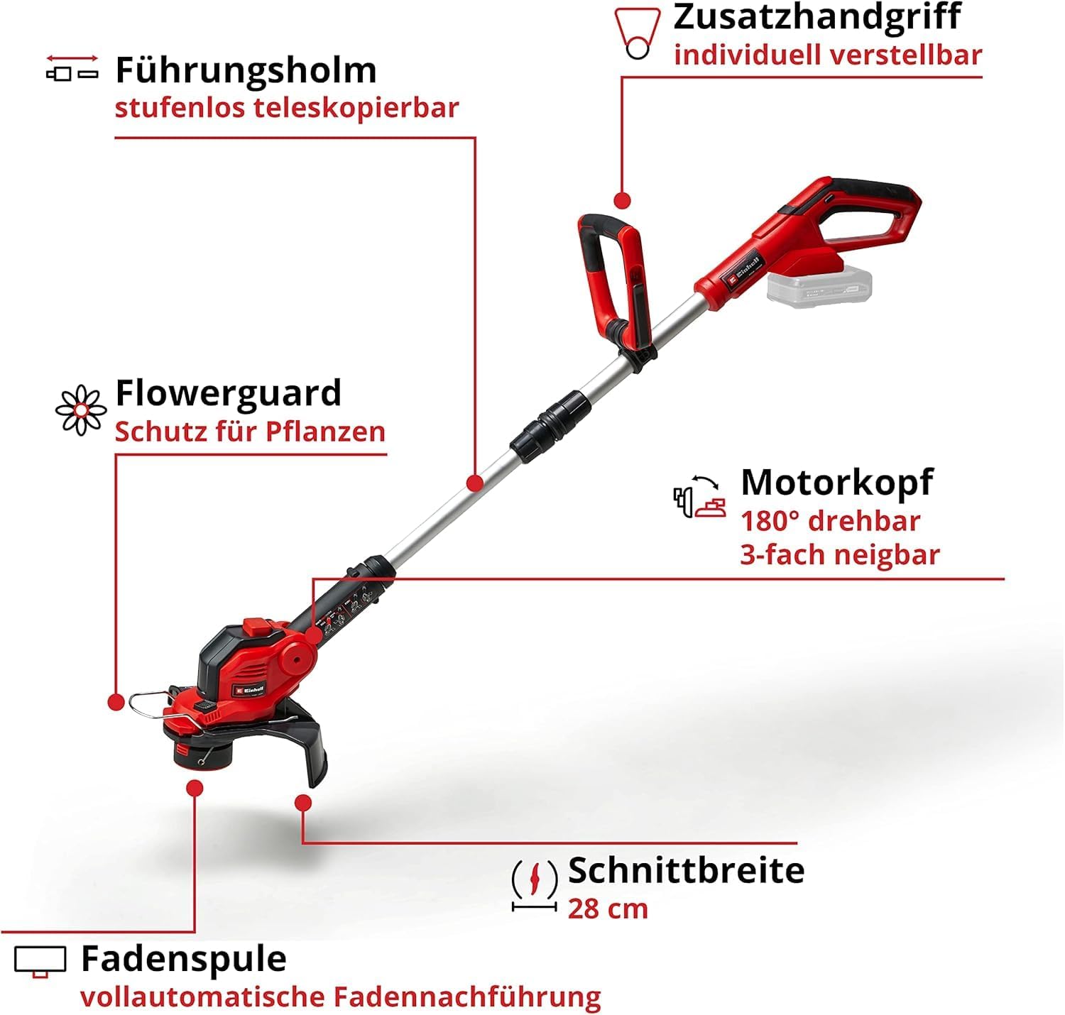 Einhell GE-CT 18/28 Li-Solo Power X-Change Cordless Grass Trimmer (18 V, 28 cm Cutting Width Thread, Rotatable and Tilting Motor Head, without Battery and Charger), Red/Black