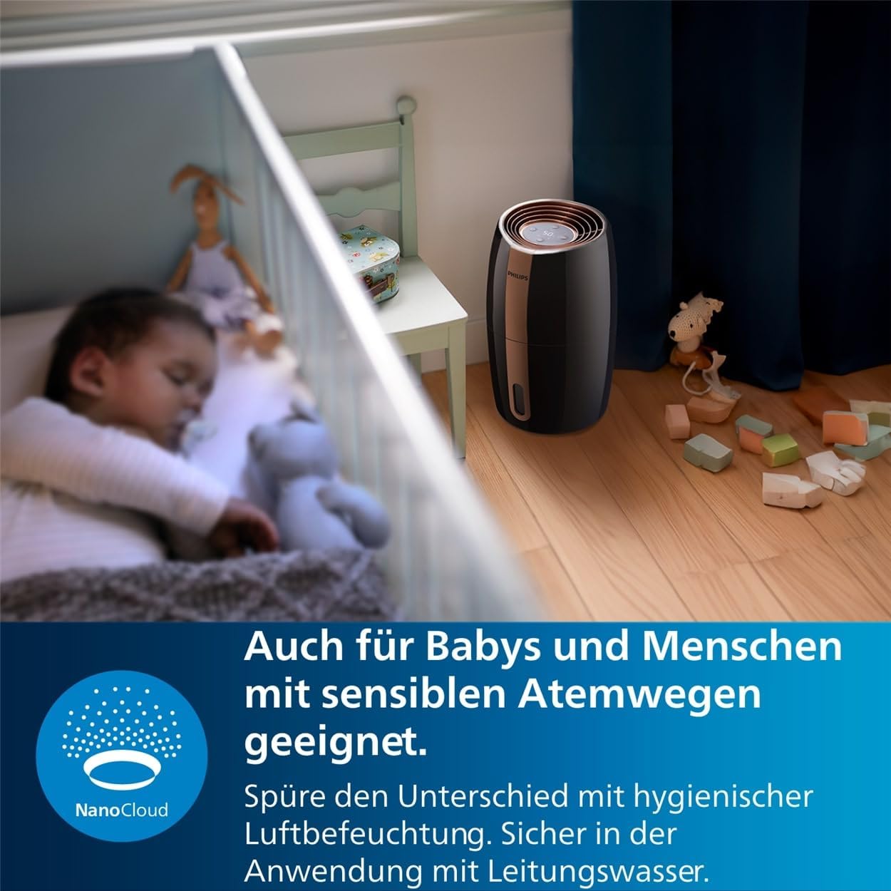 Philips Humidifier 2000 Series, NanoCloud Technology, 99.97% Less Bacteria, 200ml/h, 2L Tank, Ultra Quiet (33dB), Sensor, 3 Levels, Auto & Sleep Mode, Timer, Black (HU2718/10)