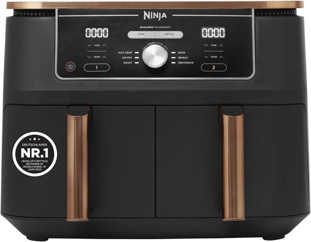 Ninja Foodi MAX Dual Zone Hot Air Fryer, 9.5 L Airfryer, 2 Compartments, with Tongs, Non-Stick Coating, Dishwasher Safe Baskets, 6-in-1, Amazon Exclusive, Copper/Black, AF400EUCP