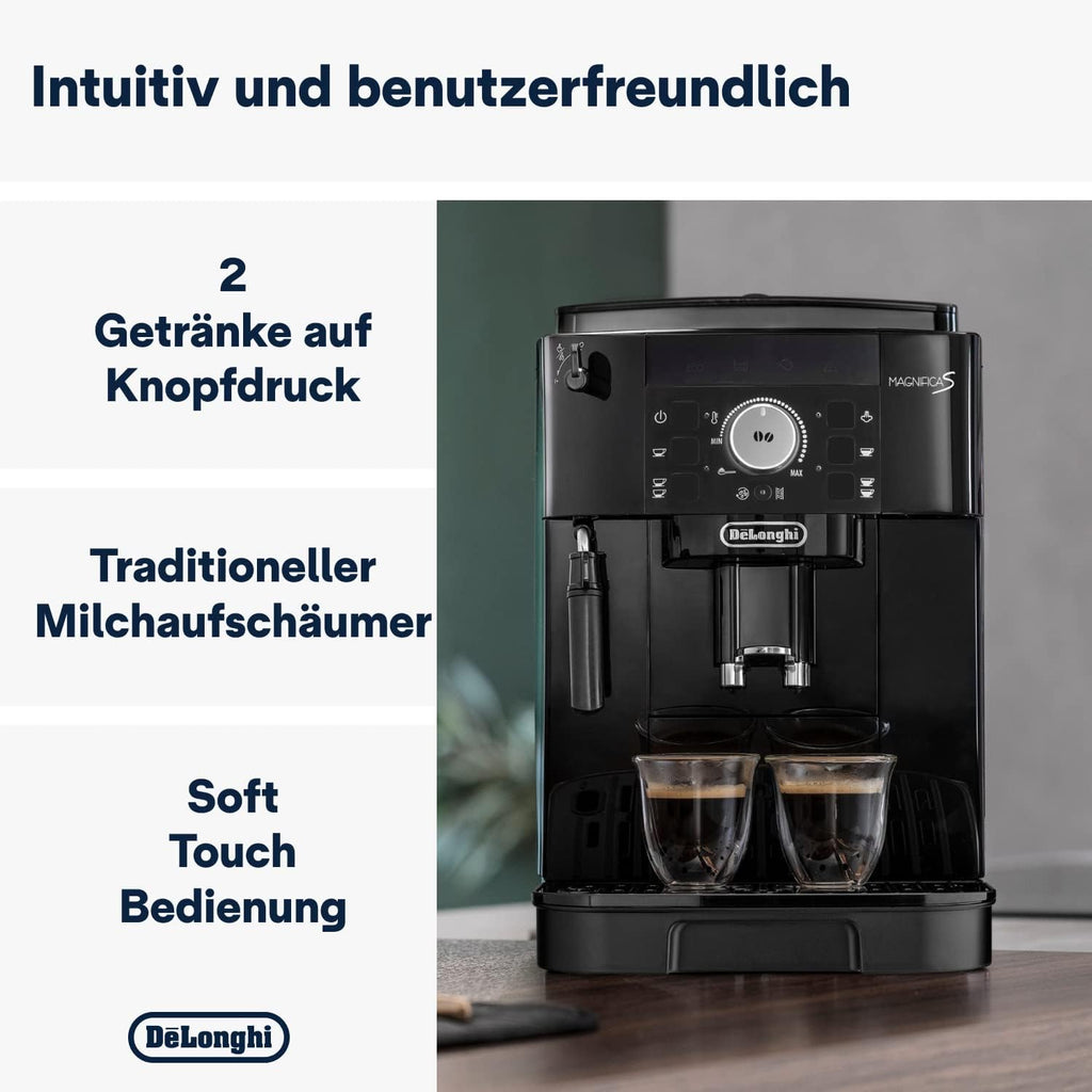De'Longhi Magnifica S ECAM11.112.B, Fully Automatic Coffee Machine with Milk Frothing Nozzle for Cappuccinos, with Espresso Direct Selection Buttons and Rotary Control, 2 Cup Function, Black
