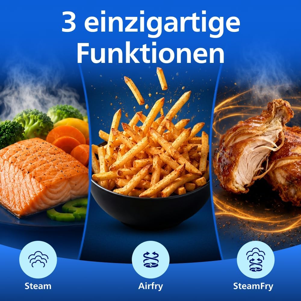 Philips Steam Airfryer 5000 Series Dual Basket Hot Air Fryer with Steamer Function & 2 Baskets - Steam, Airfry, SteamFry, 9L (3L+6L), RapidAir Plus, Automatic Steam Cleaning (NA550/00)