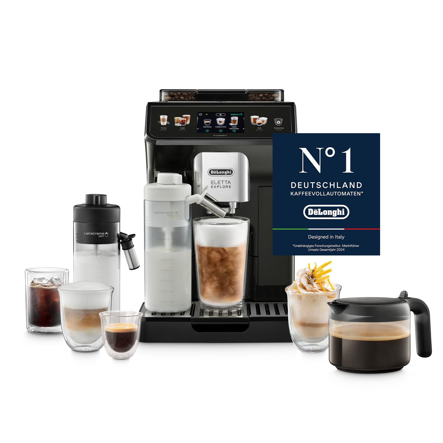 De'Longhi Eletta Explore - Perfetto Fully Automatic Coffee Machine with LatteCrema Milk Frother, 40 Drinks at the Touch of a Button, Coloured Touch Display, Dark Grey (ECAM452.57.G)