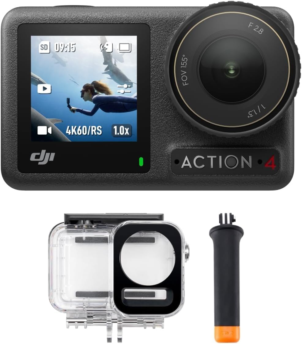 DJI Osmo Action 4 Essential Combo, 4K/120fps Action Cam with 1/1.3 Inch Sensor, Underwater Camera, Stunning Low-Light Recordings, 10-Bit and D-Log M Colour Performance, Long Lasting 1770 mAh Battery