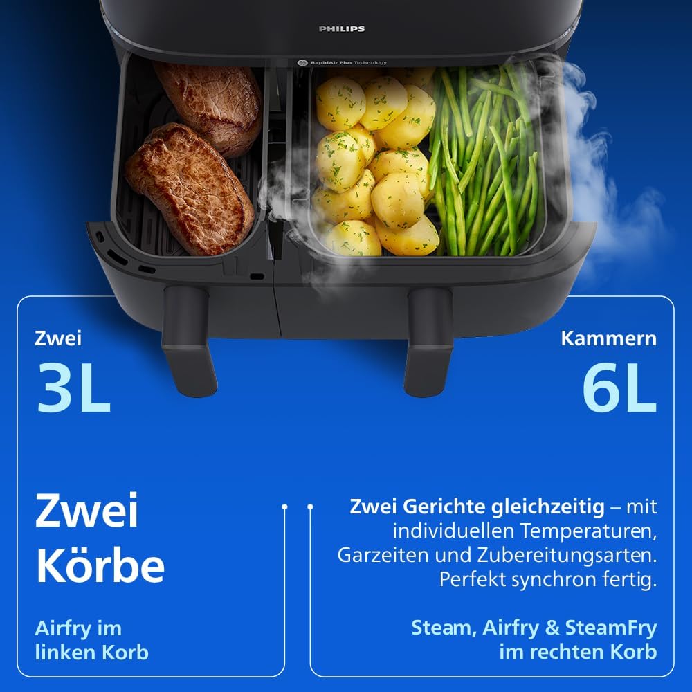 Philips Steam Airfryer 5000 Series Dual Basket Hot Air Fryer with Steamer Function & 2 Baskets - Steam, Airfry, SteamFry, 9L (3L+6L), RapidAir Plus, Automatic Steam Cleaning (NA550/00)