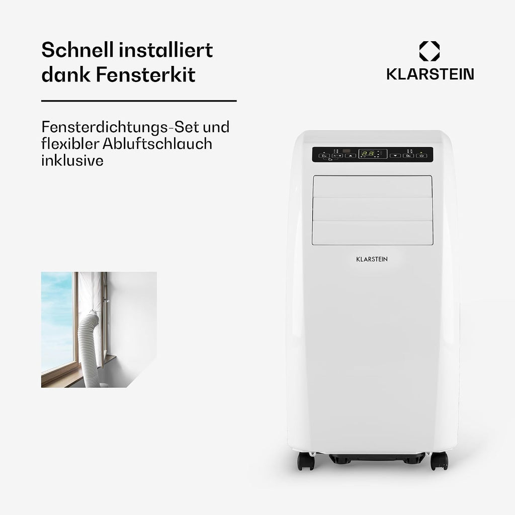 Klarstein Mobile Klimaanlage mit Abluftschlauch, 4-in-1 Klimagerät mit Ventilator, Luftentfeuchter & Nachtmodus, Kleine & Portable Klimaanlage für Wohnung & Büro, Niedriger Verbrauch, 10000 BTU