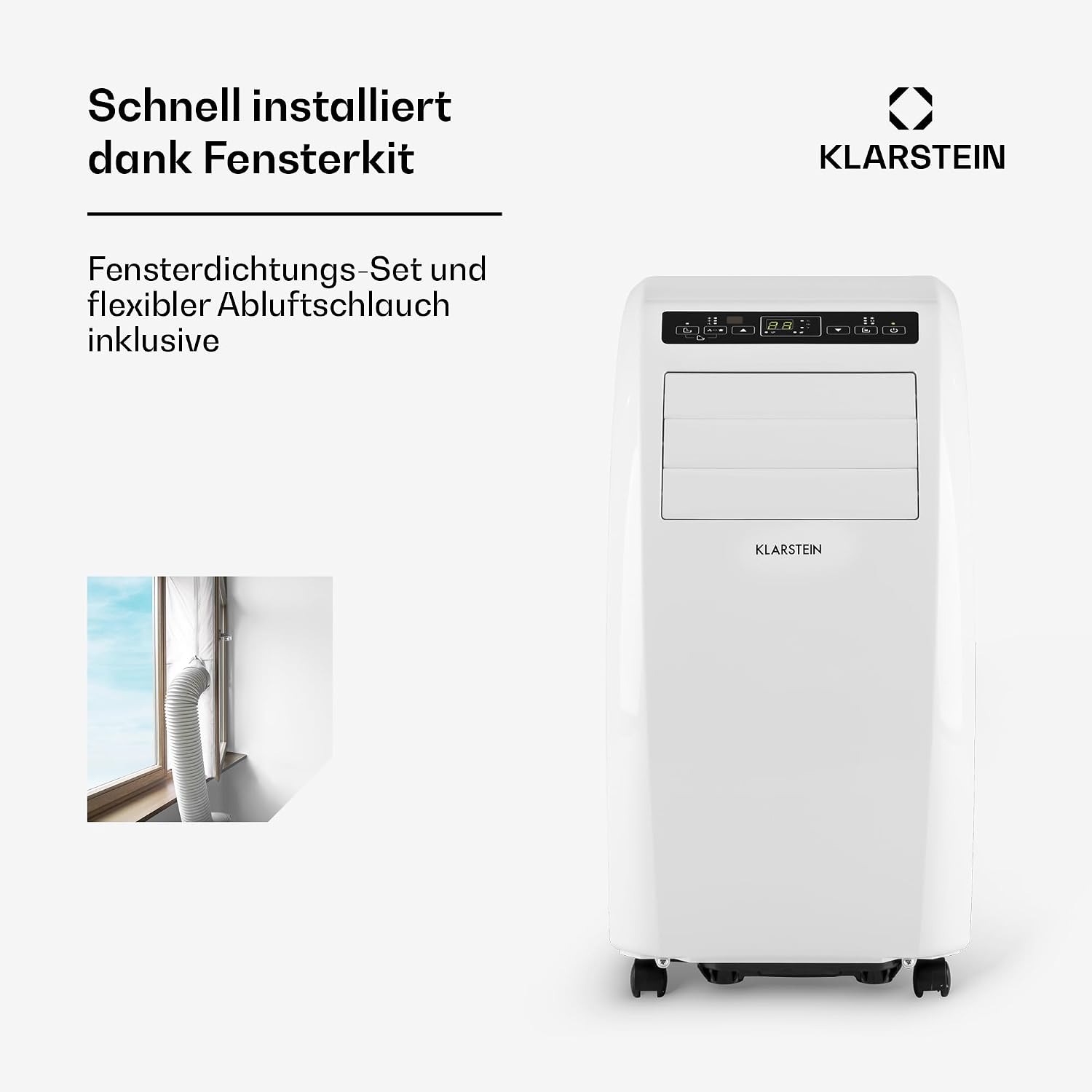 Klarstein Mobile Klimaanlage mit Abluftschlauch, 4-in-1 Klimagerät mit Ventilator, Luftentfeuchter & Nachtmodus, Kleine & Portable Klimaanlage für Wohnung & Büro, Niedriger Verbrauch, 10000 BTU