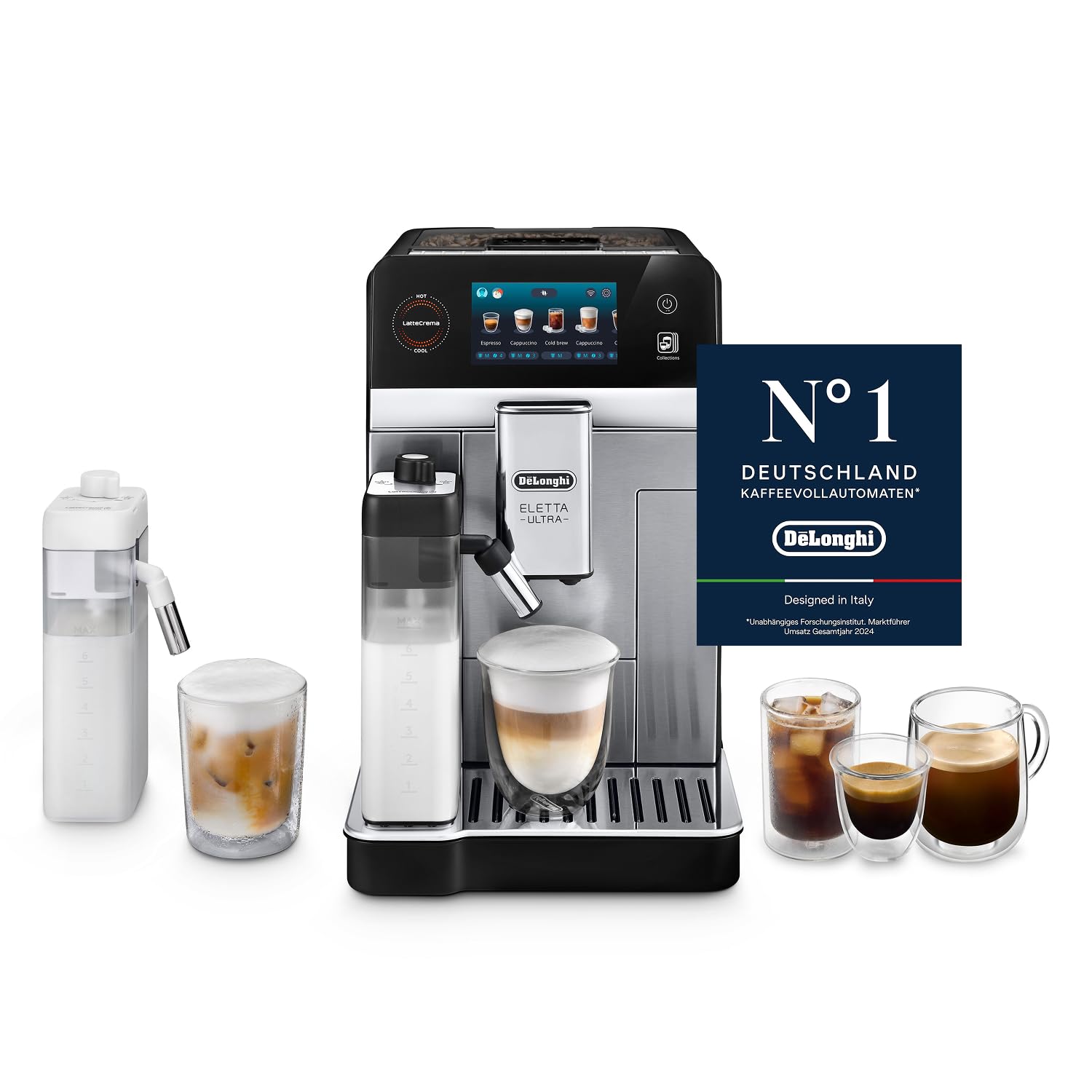 De'Longhi Eletta Explore - Perfetto Fully Automatic Coffee Machine with LatteCrema Milk Frother, 40 Drinks at the Touch of a Button, Coloured Touch Display, Dark Grey (ECAM452.57.G)