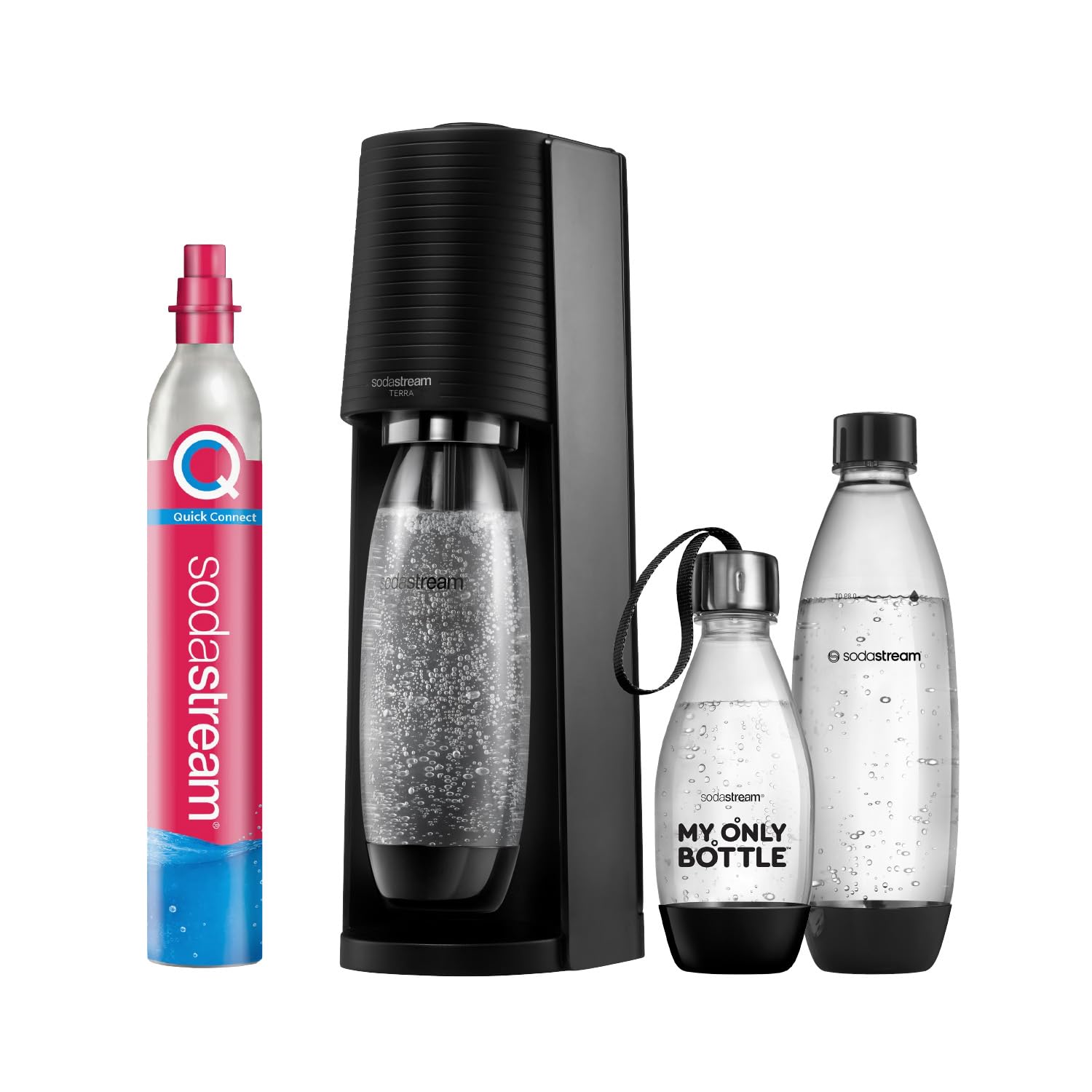 SodaStream Wassersprudler TERRA Promopack mit Quick-Connect CO2-Zylinder | inkl. 3x 1L FUSE Kunststoffflasche (spülmaschinengeeignet) | Farbe: Schwarz