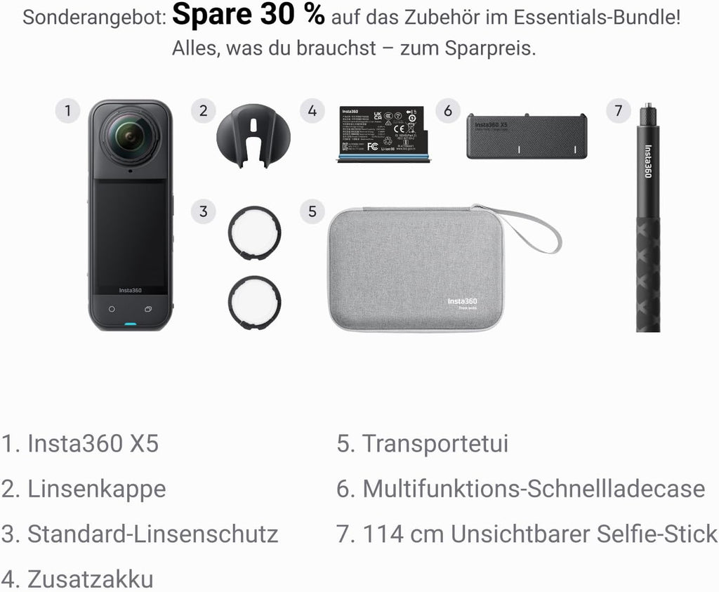 Insta360 X5 Must-Have Bundle, Waterproof 8K 360° Camera, Low Light Lead, Invisible Selfie Stick Effect, Robust & Replaceable Lenses, 3 Hour Battery, Integrated Wind Protection, Stabilisation