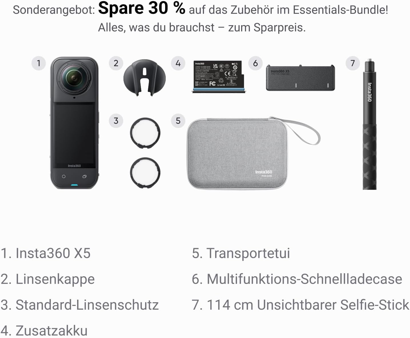 Insta360 X5 Must-Have Bundle, Waterproof 8K 360° Camera, Low Light Lead, Invisible Selfie Stick Effect, Robust & Replaceable Lenses, 3 Hour Battery, Integrated Wind Protection, Stabilisation