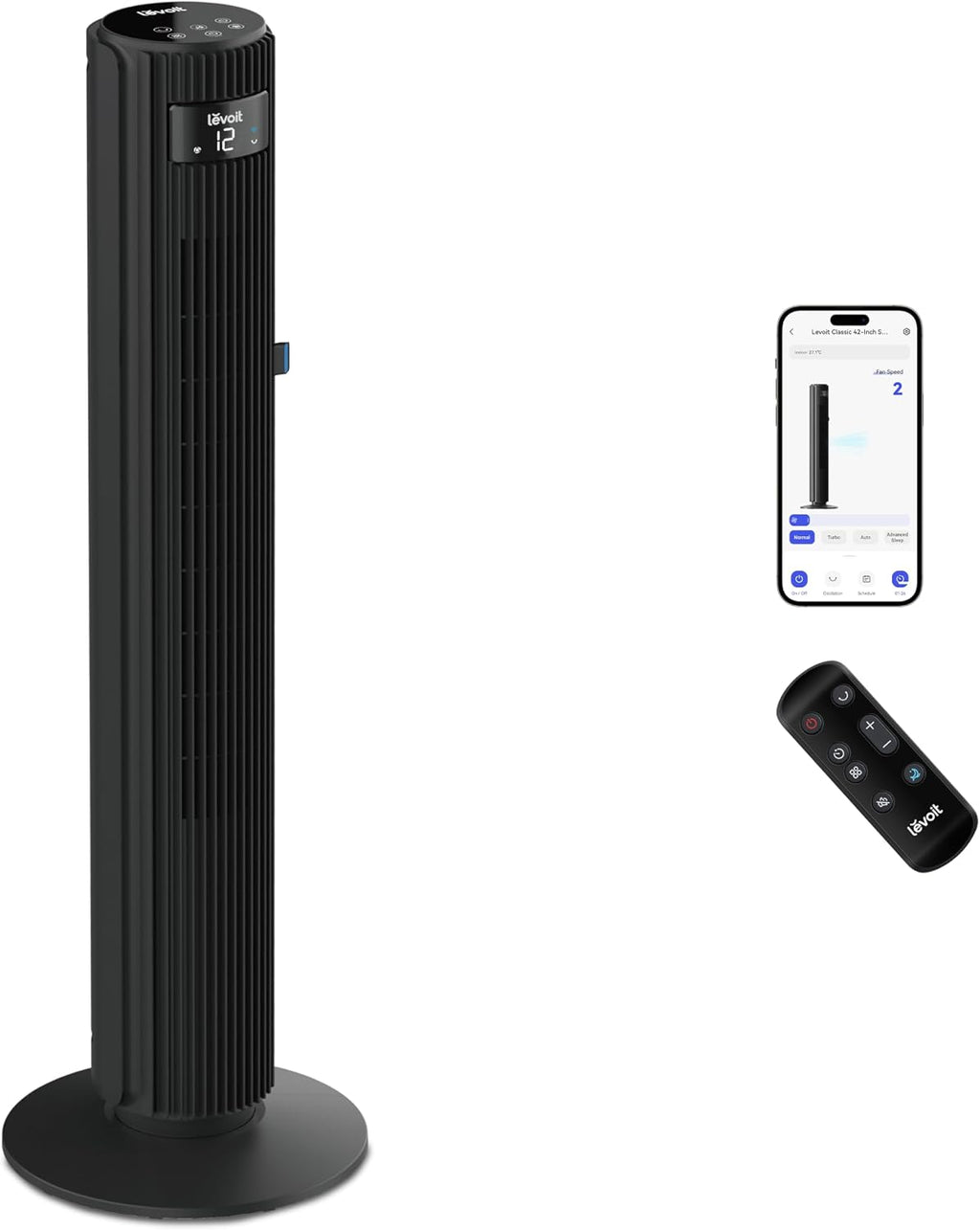 Levoit - Smart APP Turmventilator Leise-Ventilator für Schlafzimmer - 4 Modi/12 Stufen/12 Std Timer - Fernbedienung & Kühlung - 7,9m/s - Sensor & Sprachsteuerung Standventilator - Schwarz, 106 cm